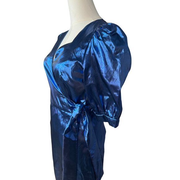 2/$30 ZARA Small Shiny Blue Puff Sleeve Wrap Dress - Picture 6 of 16